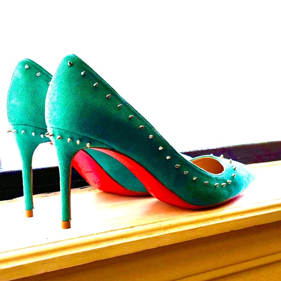 Red Bottom Suede Turquoise Spike Stilettos - Picture 1 of 15